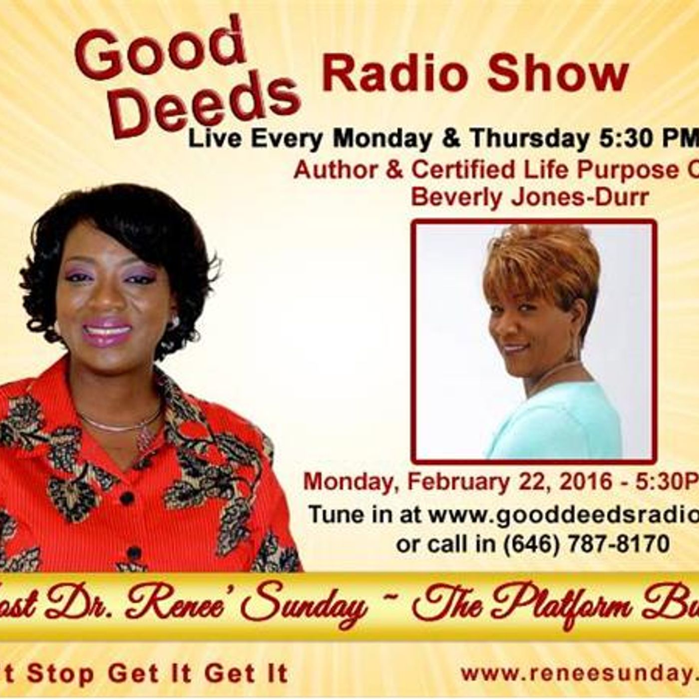 Author and Certified Life Purpose Coach. Beverly Jones-Durr shares on GD episode artwork