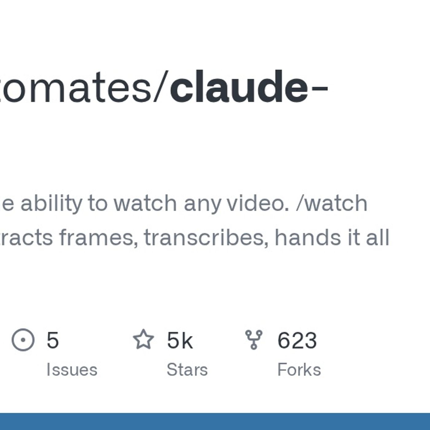 GitHub - bradautomates/claude-video: Give Claude the ability to watch any video. /watch downloads, extracts frames, transcribes, hands it al