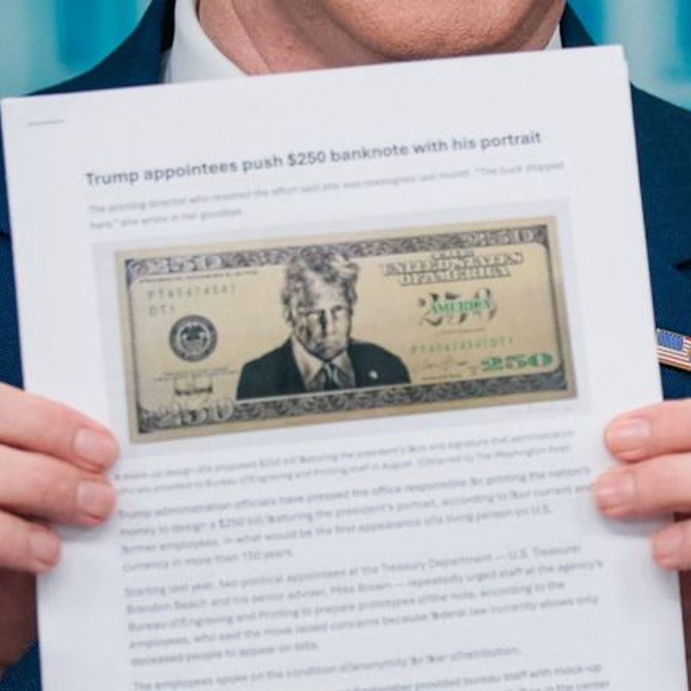 Trump's face on a $250 bill episode artwork