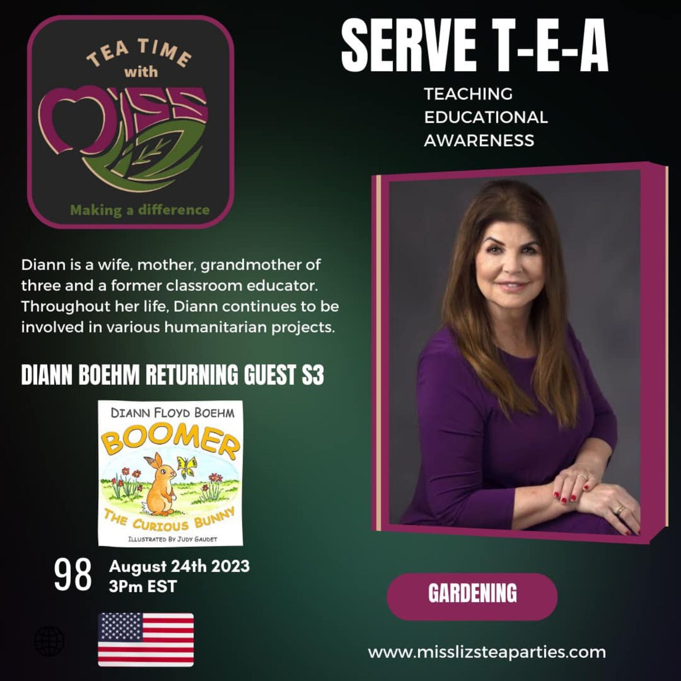 Teatime with Miss Liz T-E-A Open Discussion with Diann Floyd Boehm Returning Guest New Book episode artwork