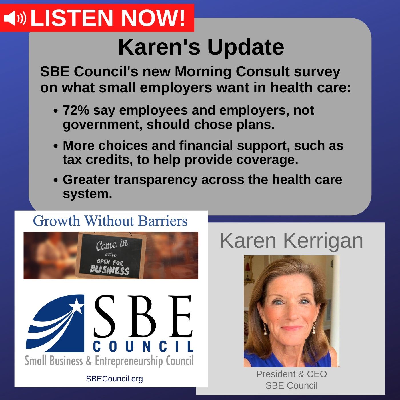 New SBE Council survey by Morning Consult on what small employers want in health care: choice, control, transparency, affordability. episode artwork