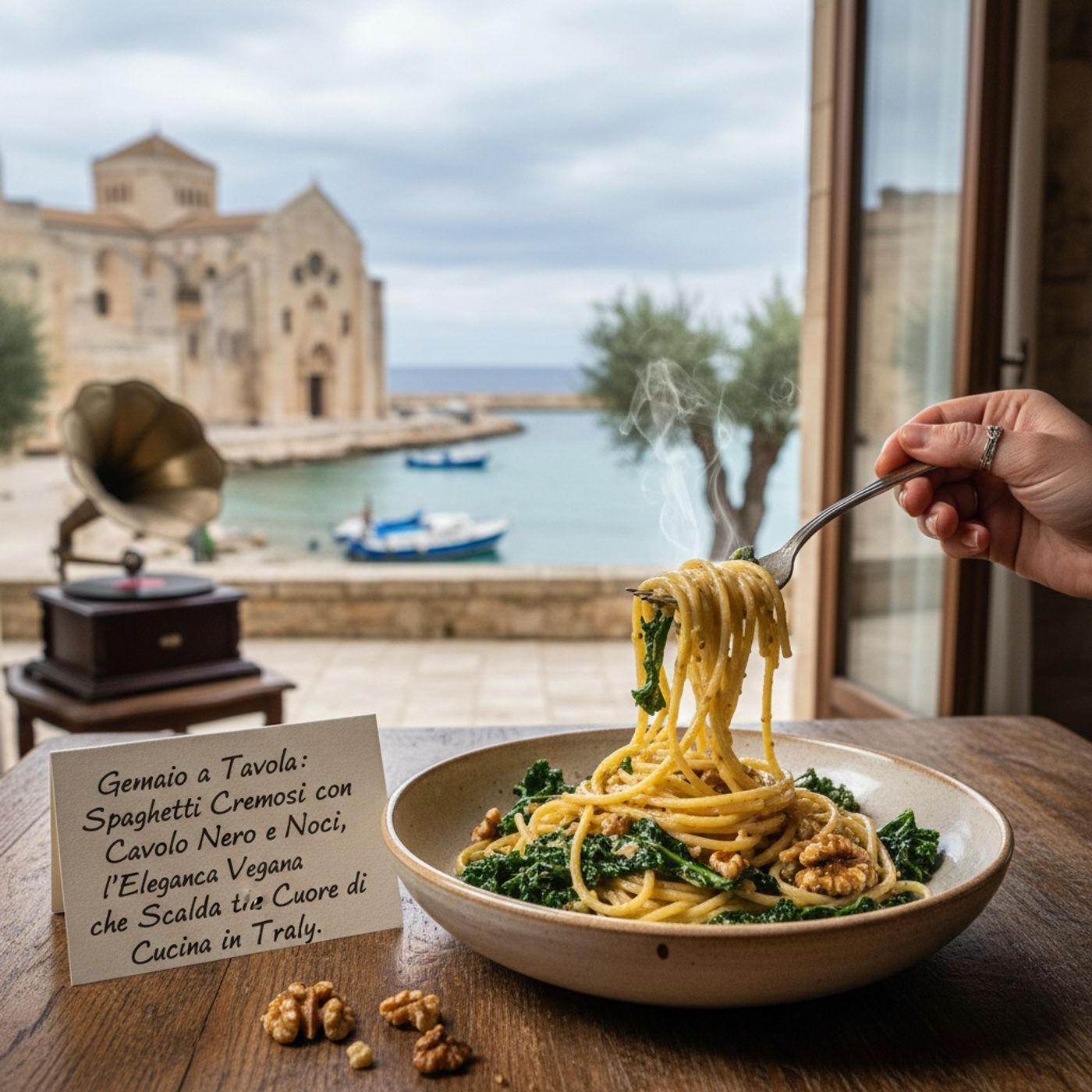 Gennaio a Tavola: Spaghetti Cremosi con Cavolo Nero e Noci, l'Eleganza Vegana che Scalda il Cuore di Trani