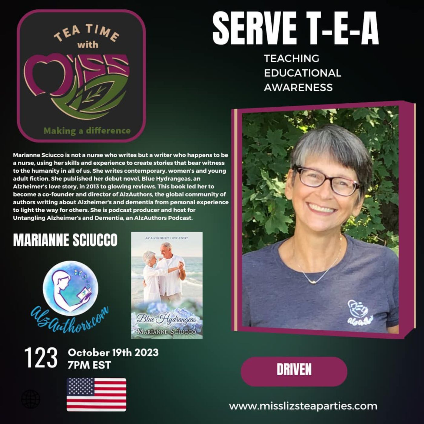 Teatime with Miss Liz T-E-A Open Discussion with Marianne Sciucco Co Founder of AlzAuthors episode artwork