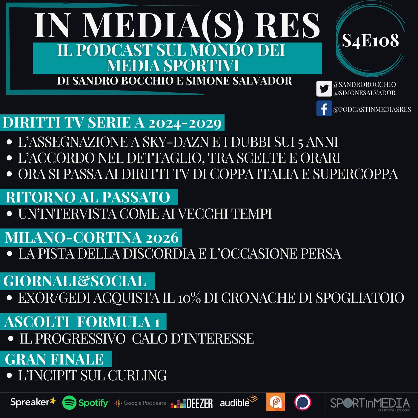 S4E108 | Diritti Tv Serie A 2024-29 tra DAZN, Sky e una scelta conservativa, Milano-Cortina 2026, Giornali&Social, Ascolti F1, Chicca finale episode artwork