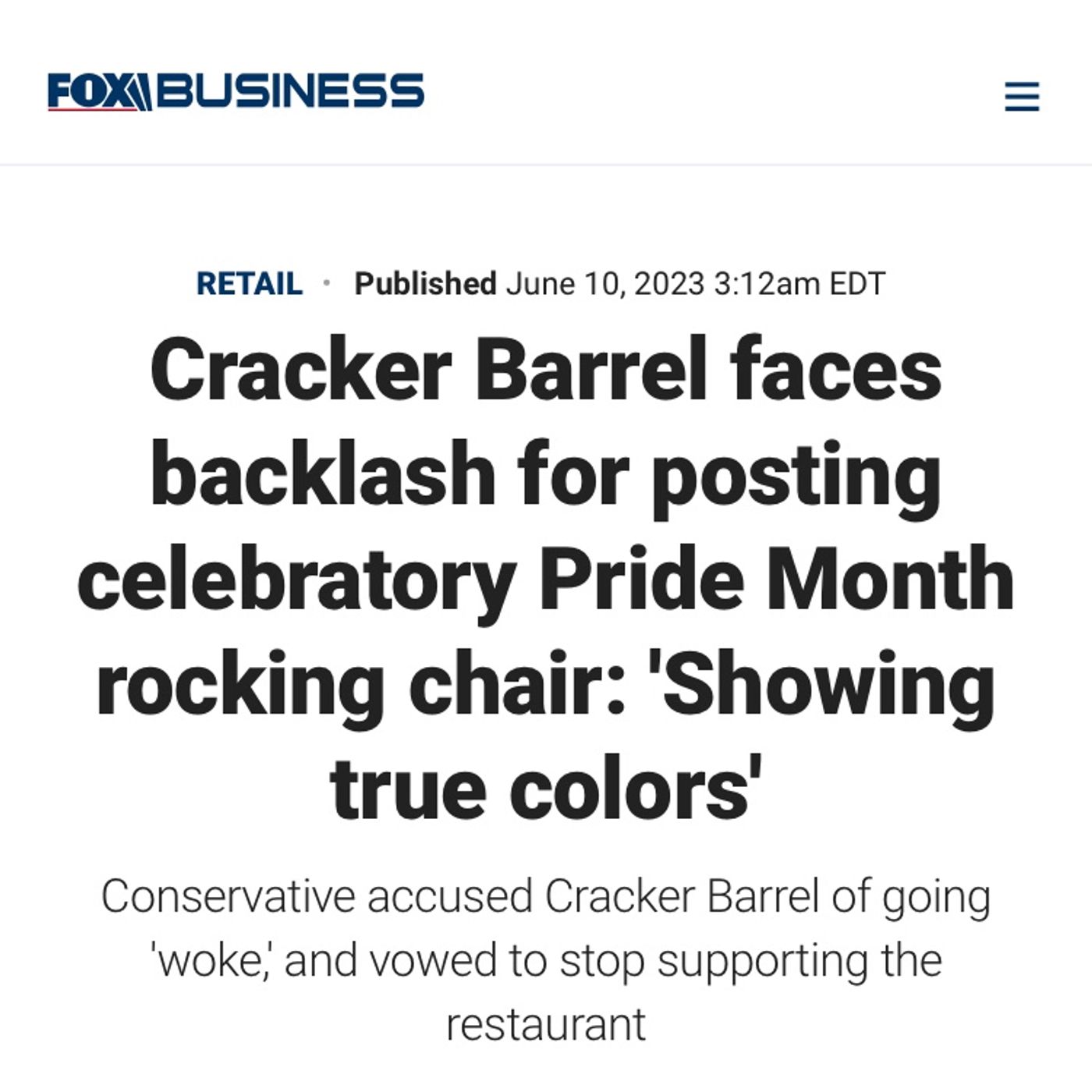Cracker Barrel faces backlash for posting celebratory Pride Month rocking chair: 'Showing true colors' episode artwork