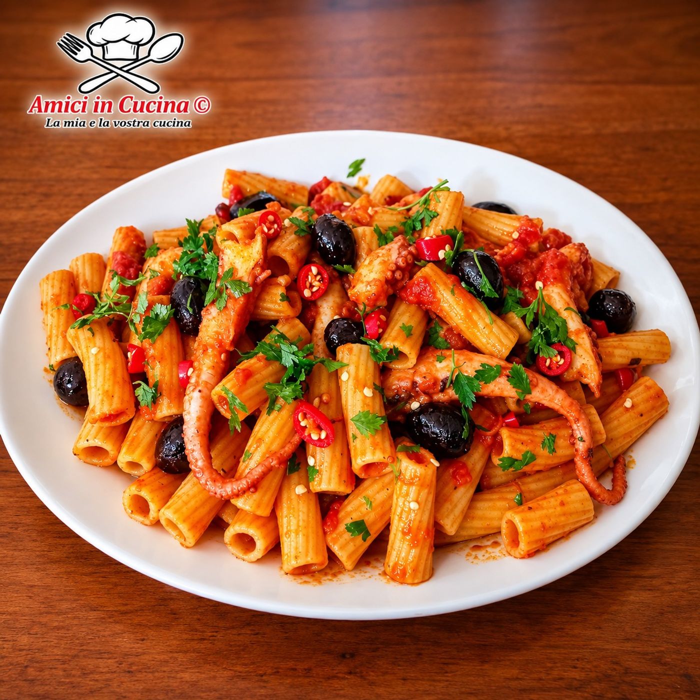 Rigatoni con polpo piccante e olive