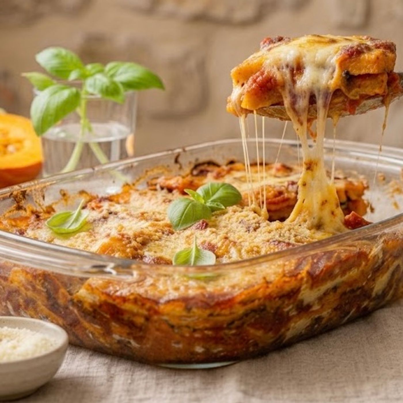 Come preprarare la parmigiana di zucca filante senza precottura.