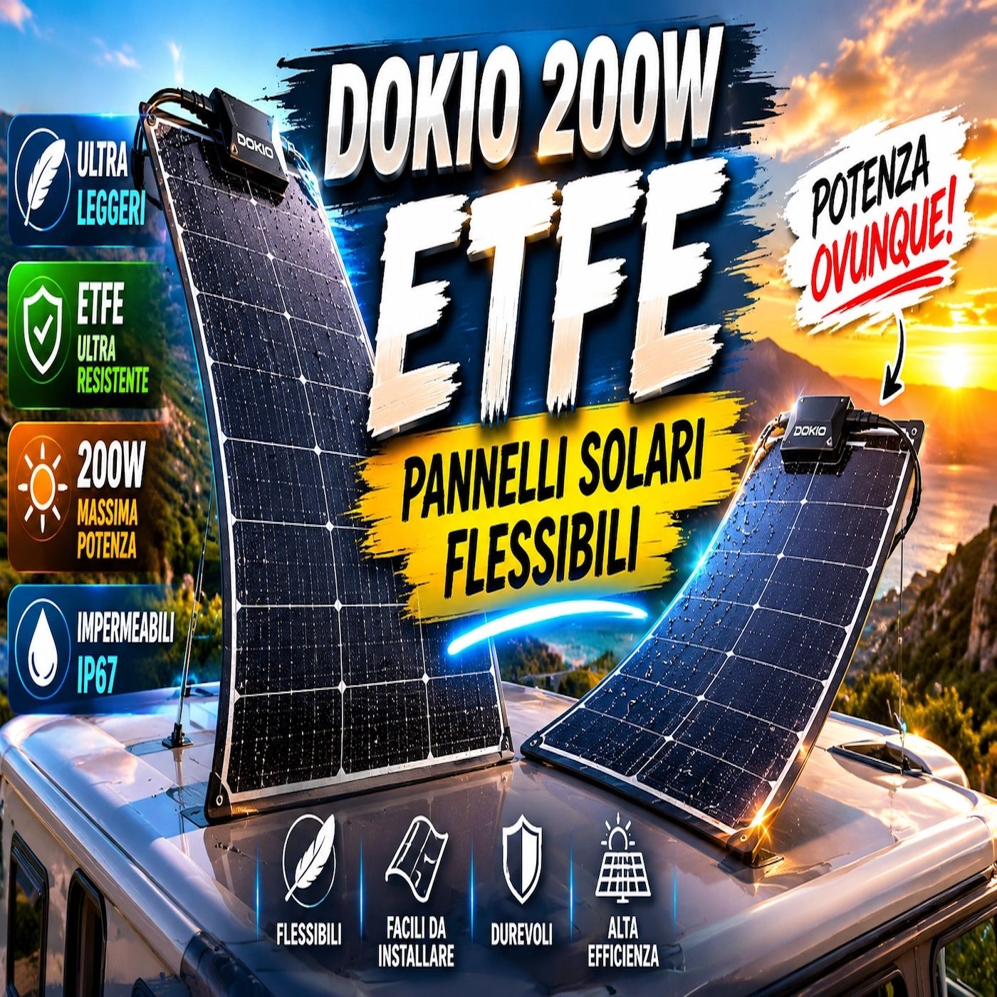 Pannello solare flessibile DOKIO 200W- autonomia energetica per camper e off-grid episode artwork