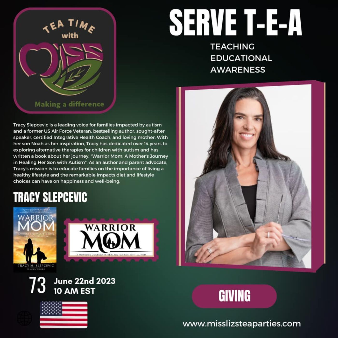 Teatime with Miss Liz T-E-A Open Discussion with Tracy Slepcevic Autism Warrior Mom Author episode artwork