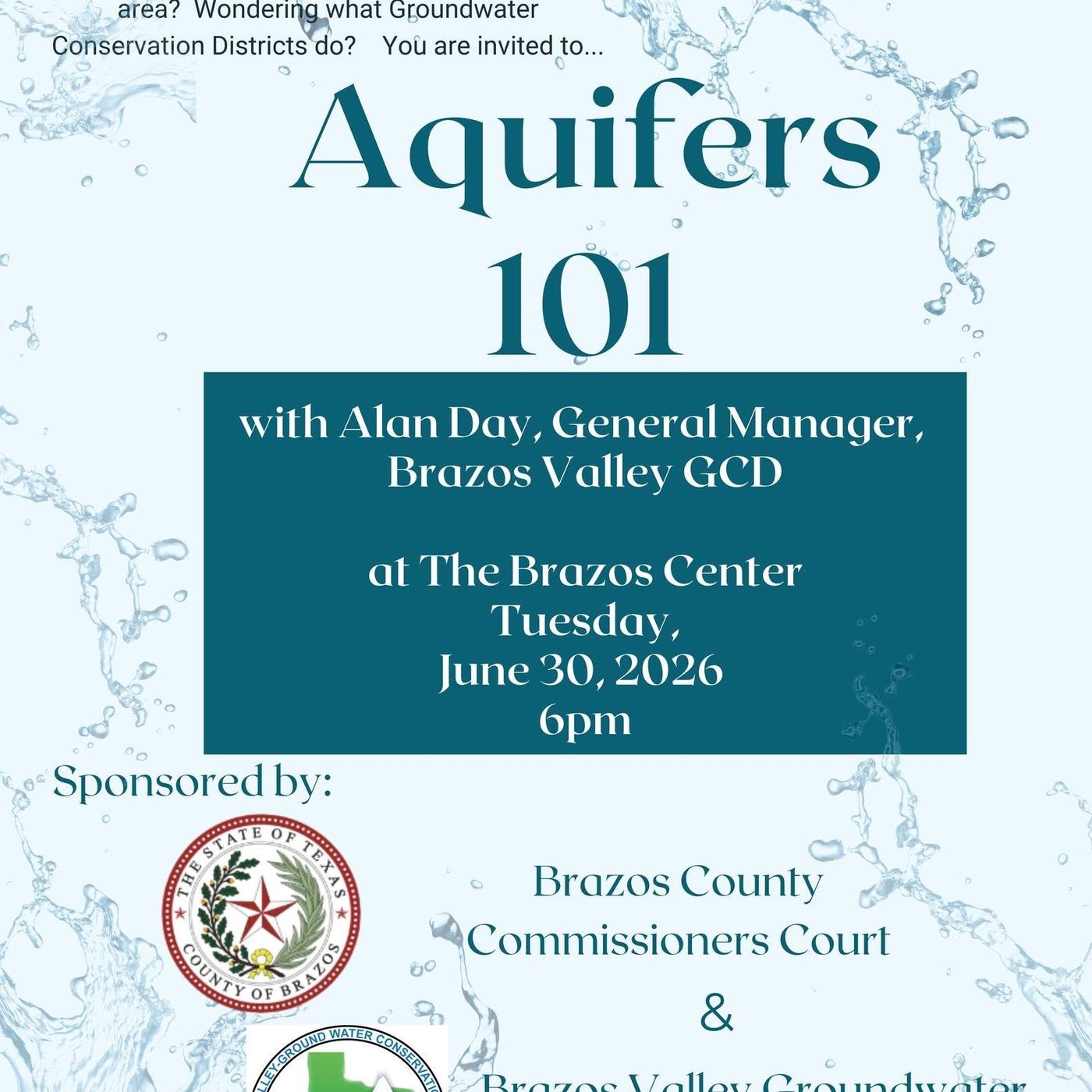 Preview of "Aquifers 101" meeting for those interested in learning about water supplies in Brazos and Robertson counties episode artwork