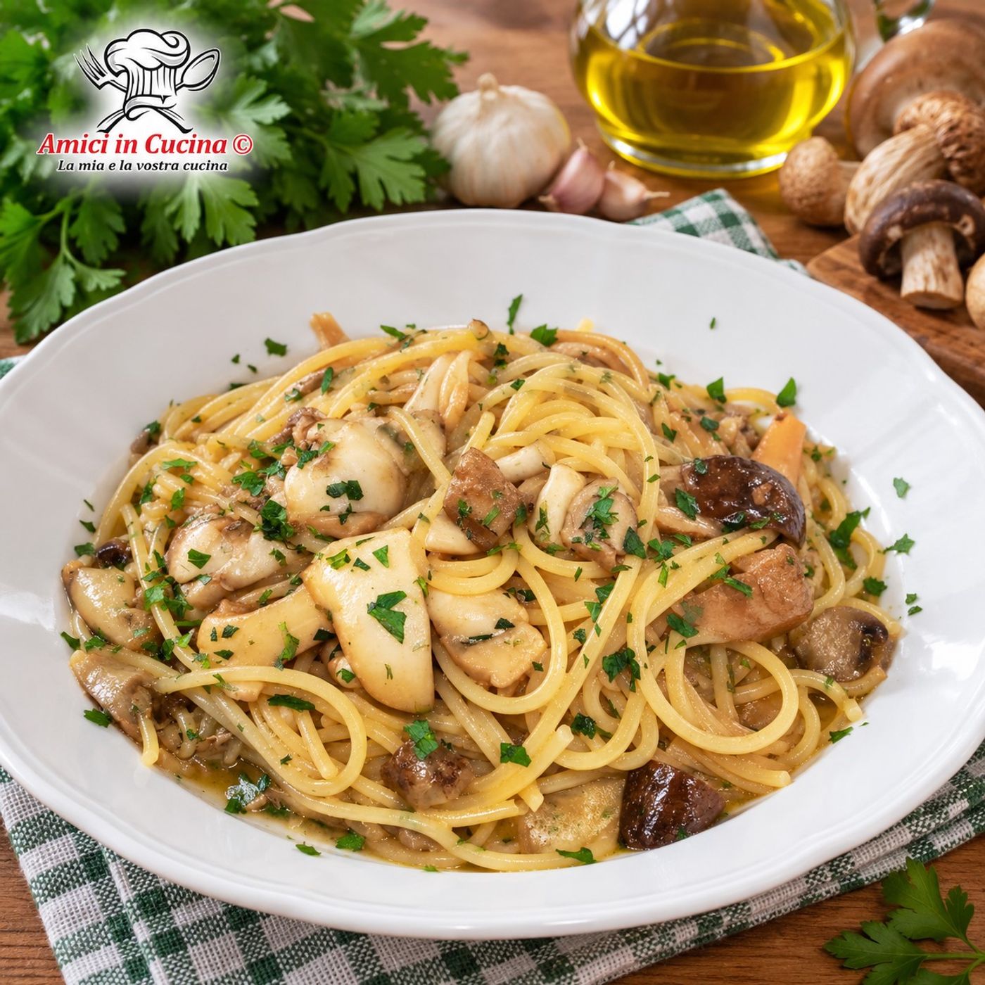 Spaghetti con seppie e funghi porcini