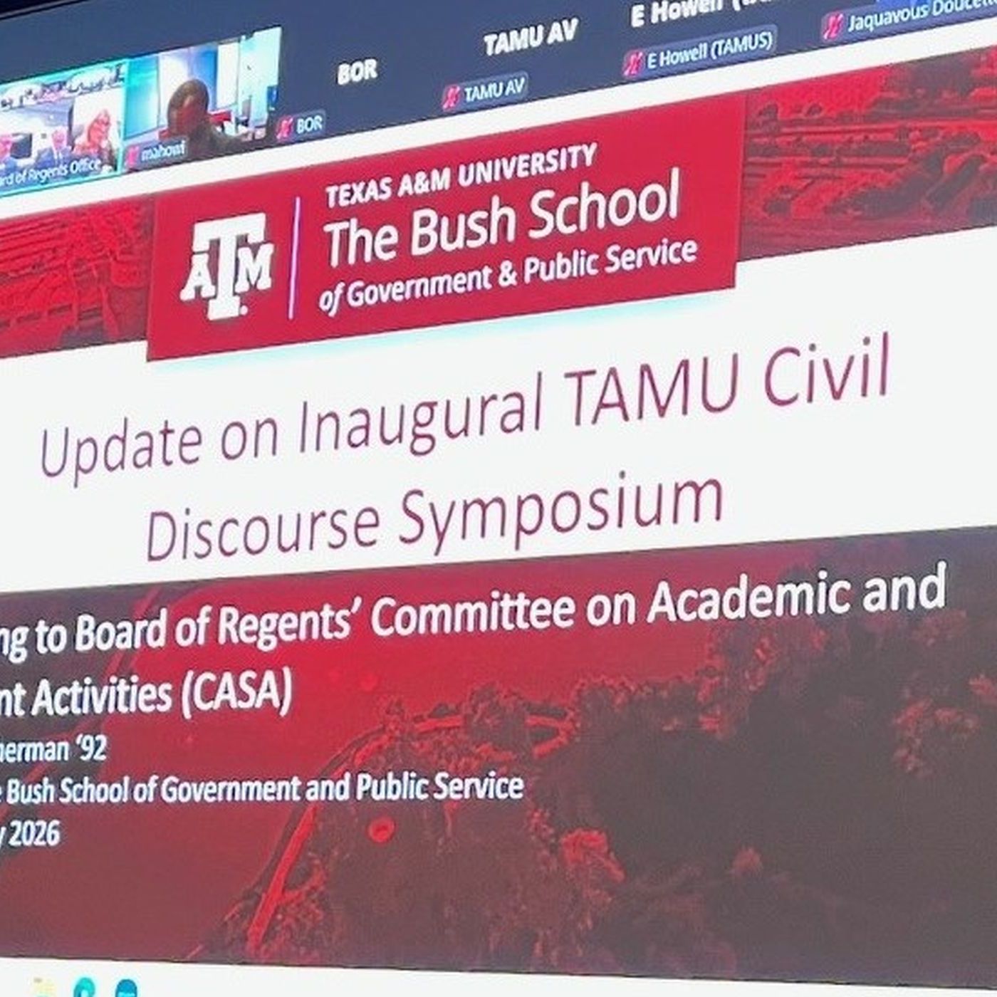 Texas A&M system board of regents committee hears plans for an A&M student symposium to be held on Muster day episode artwork