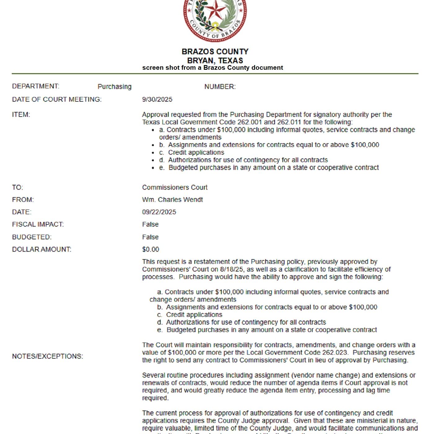 Brazos County commission approves the purchasing office director's request for more authority