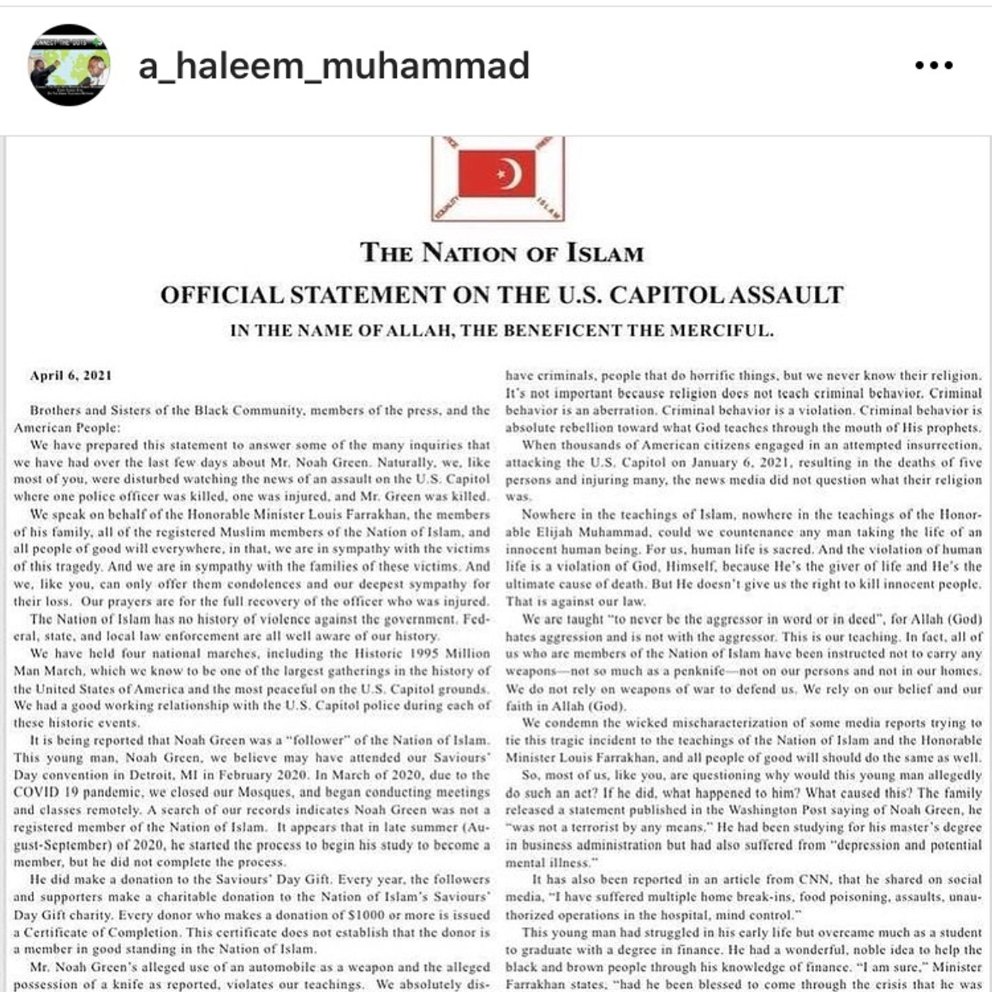 Nation of Islam response on Noah Green episode artwork