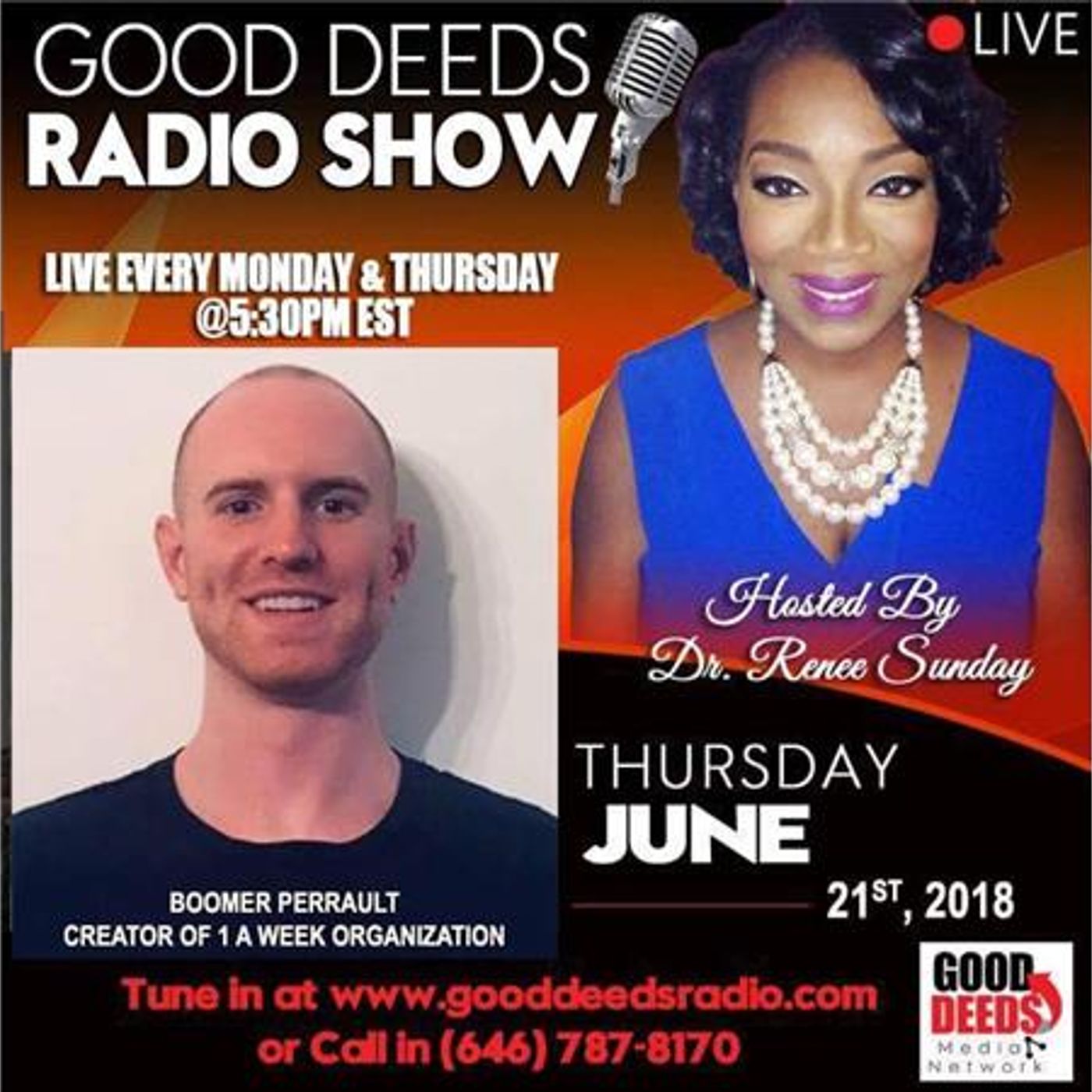 Boomer Perrault, Creator of 1 A Week Organization shares on Good Deeds Radio episode artwork