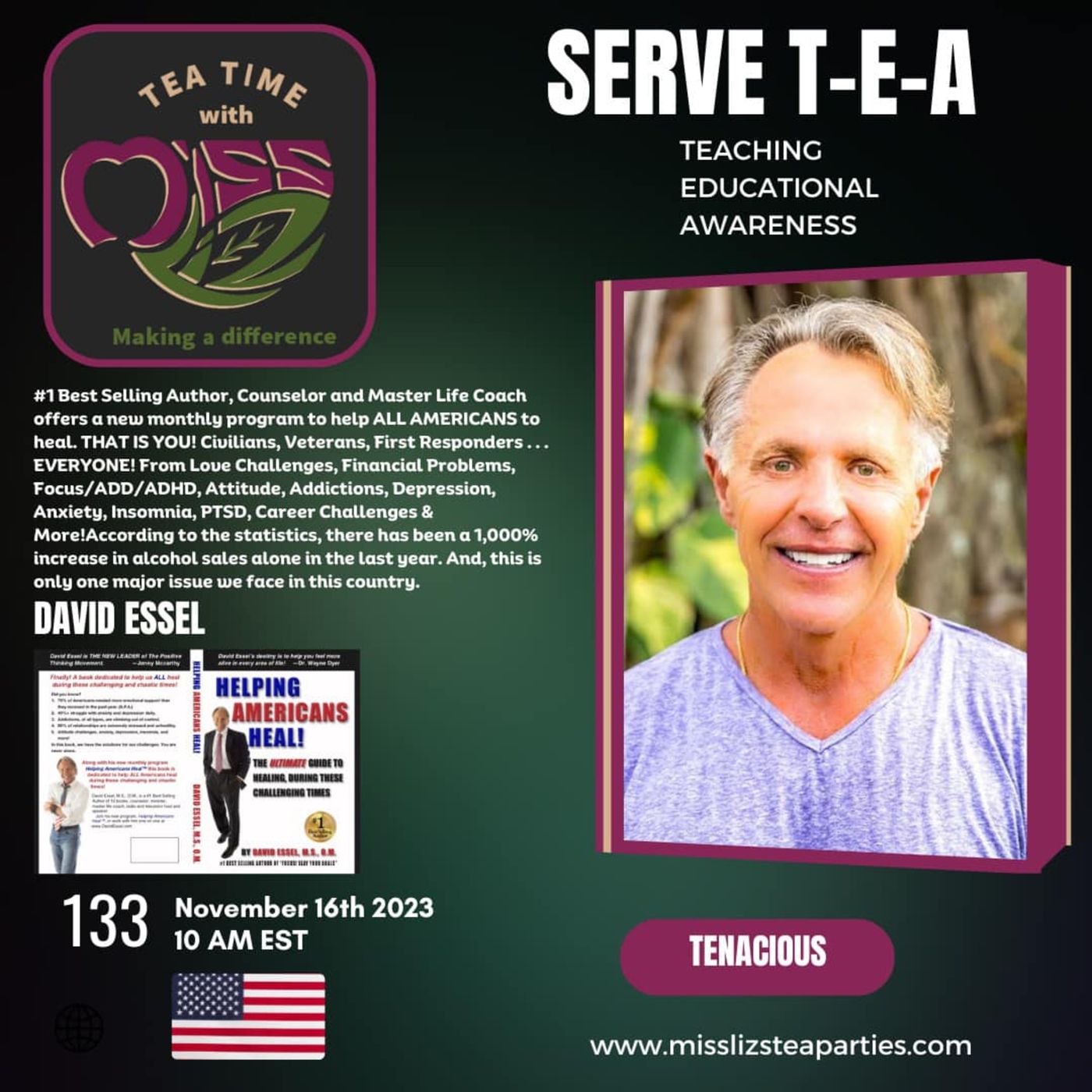 Teatime with Miss Liz T-E-A Open Discussion with David Essel Helping Americans Heal episode artwork
