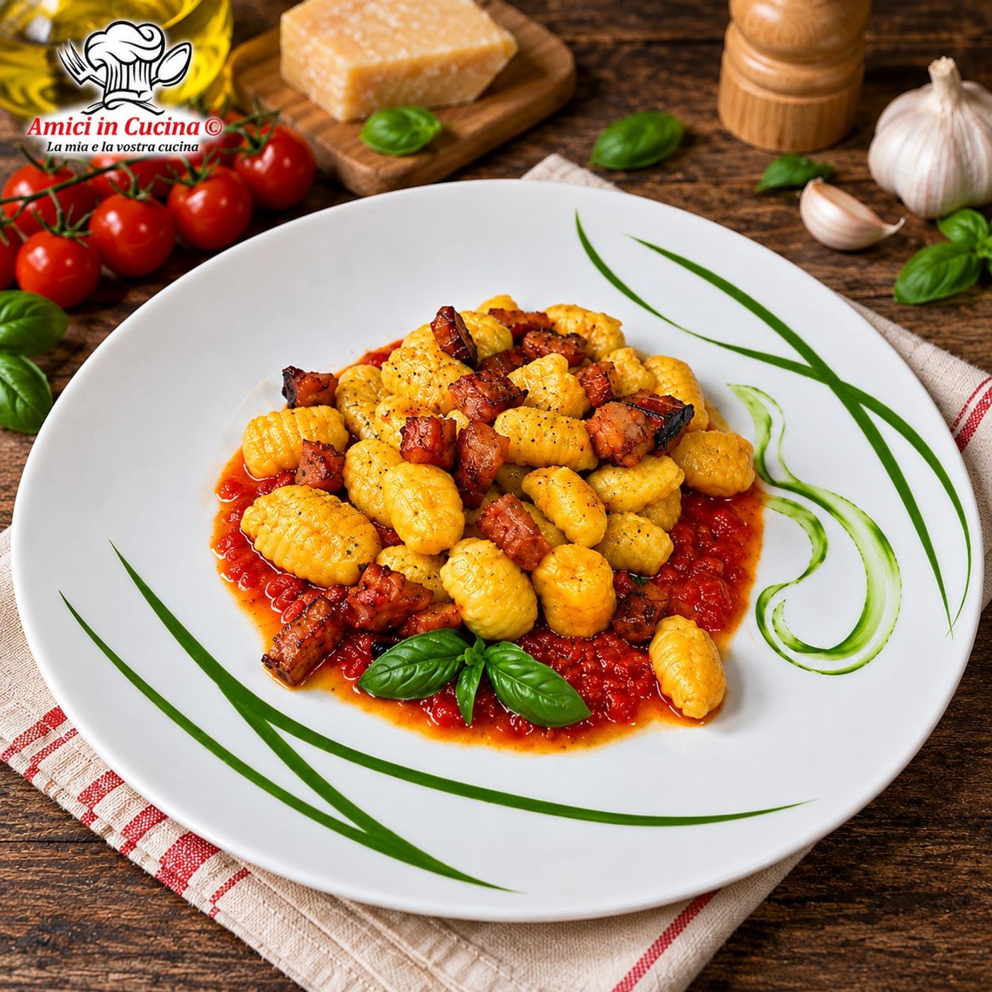 Gnocchi di zucca fatti in casa su letto di pomodoro e pancetta croccante
