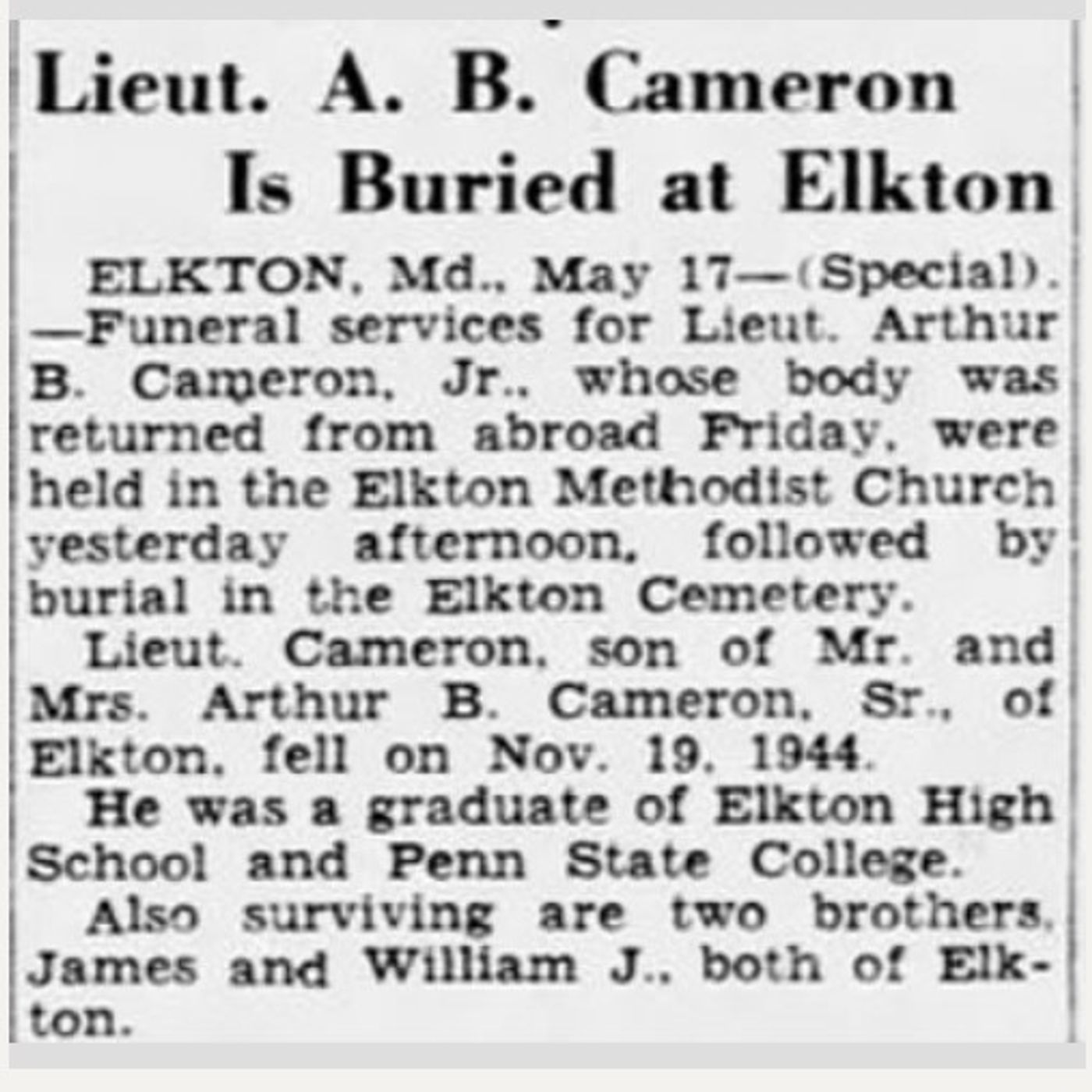 1st Lt Arthur Boyer Cameron, Jr, US Army, KIA Nov 14, 1944