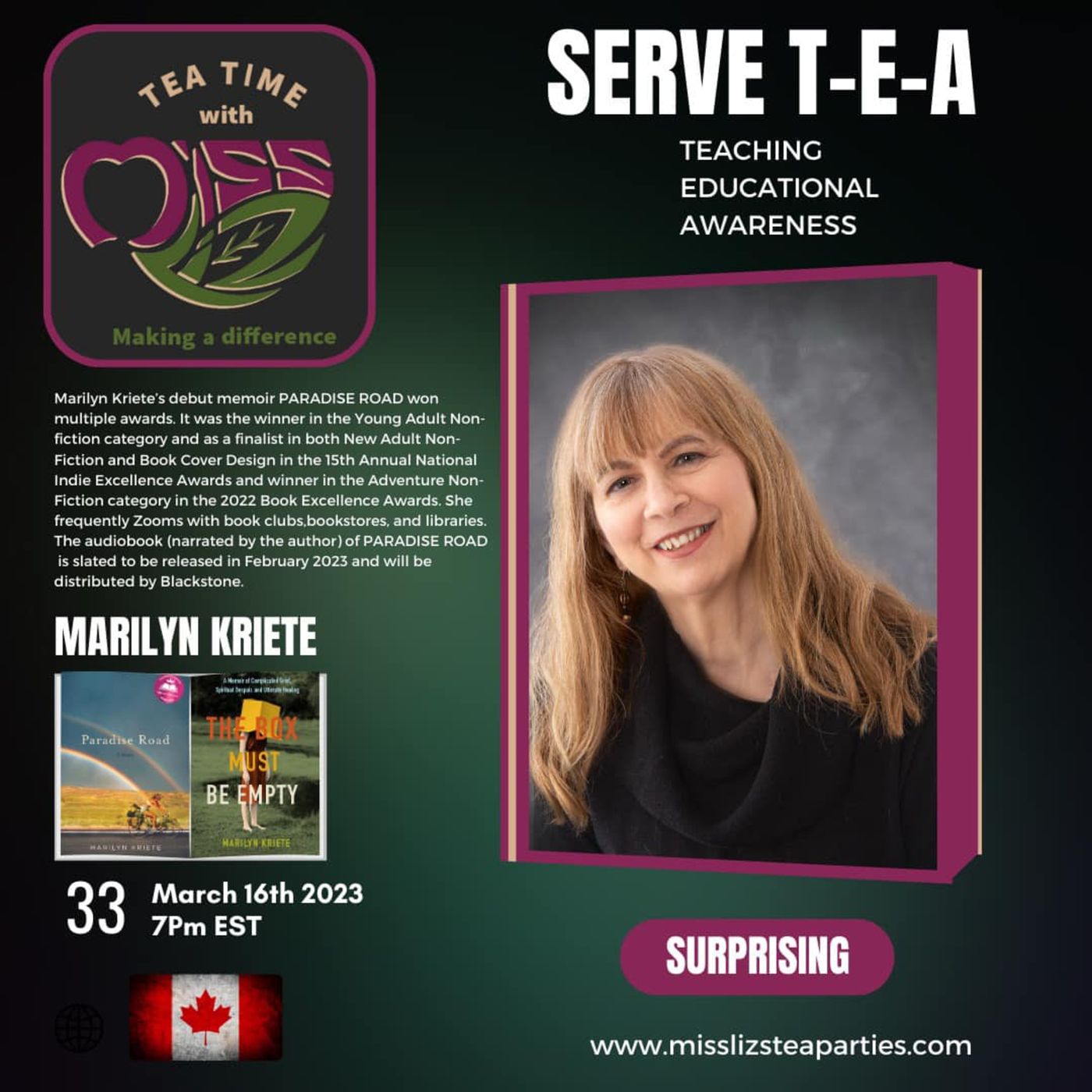 Teatime with Miss Liz T-E-A Open Discussion with Memoirist Writer Marilyn Kriete episode artwork