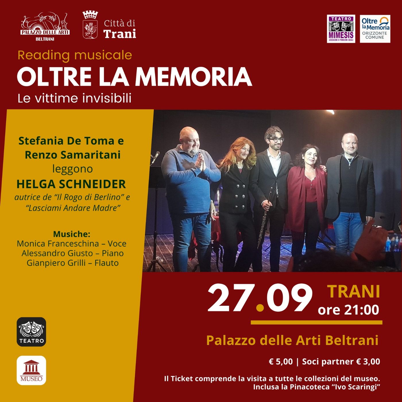 Stasera ore 21 "Oltre La Memoria" con Samaritani Schneider e De Toma a Palazzo Beltrani, Trani, 27 settembre 2025