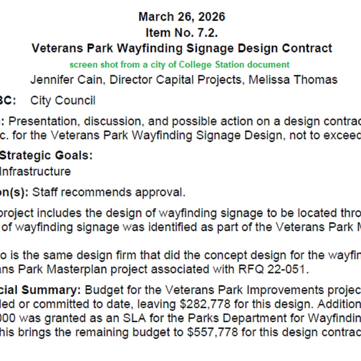 College Station city council members learn a design contract for new signs at Veterans Park includes more services episode artwork