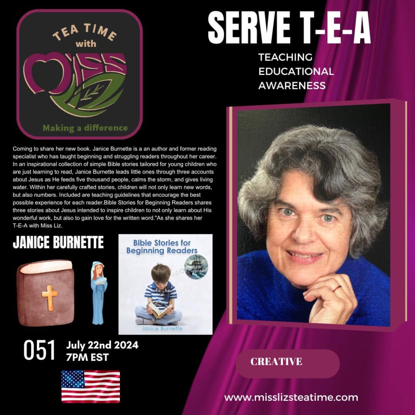 Teatime with Miss Liz T-E-A Open Discussion Janice Brunette Bible Stories episode artwork