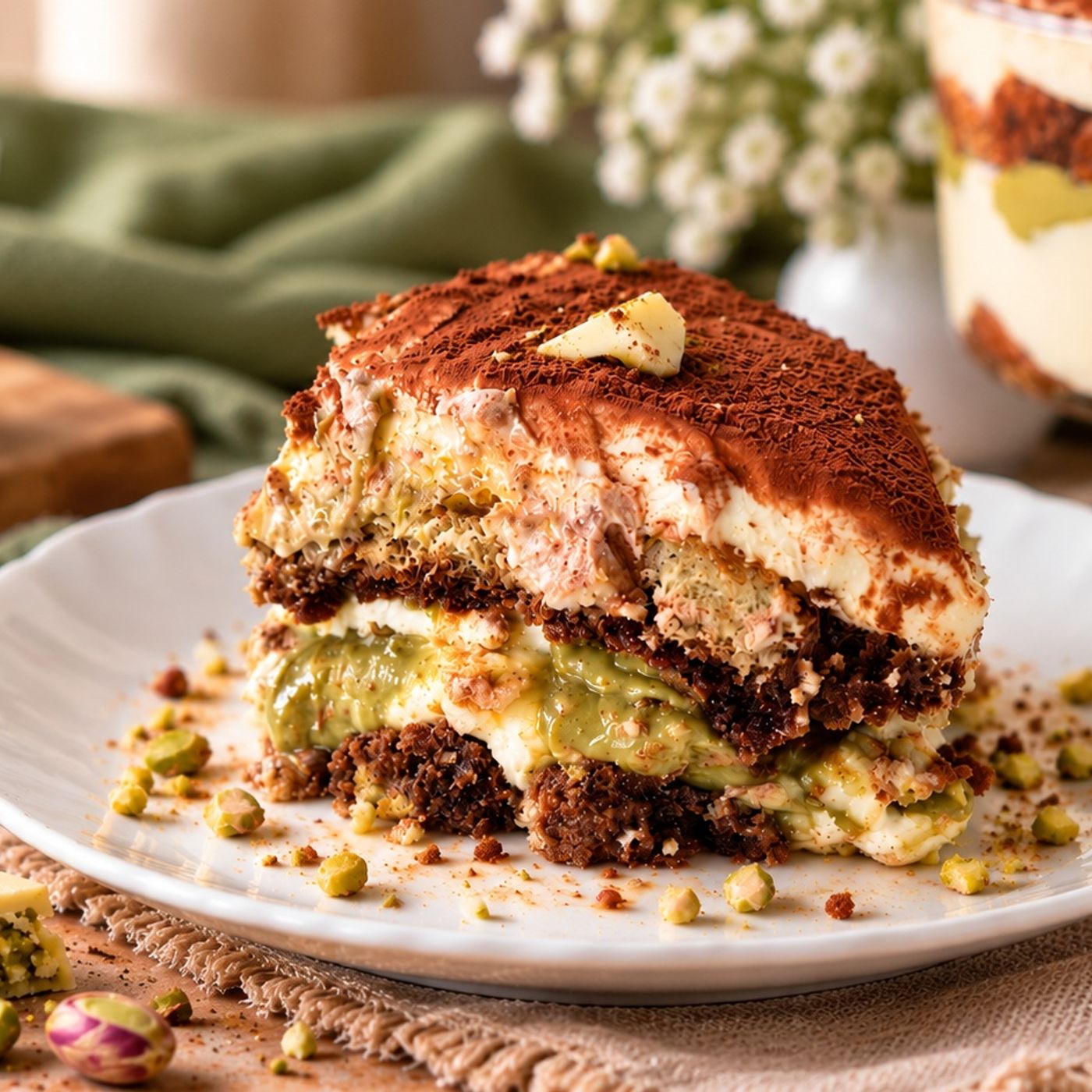 TIRAMISU CON CREMA DI PISTACCHIO E CIOCCOLATO BIANCO KATAIFI