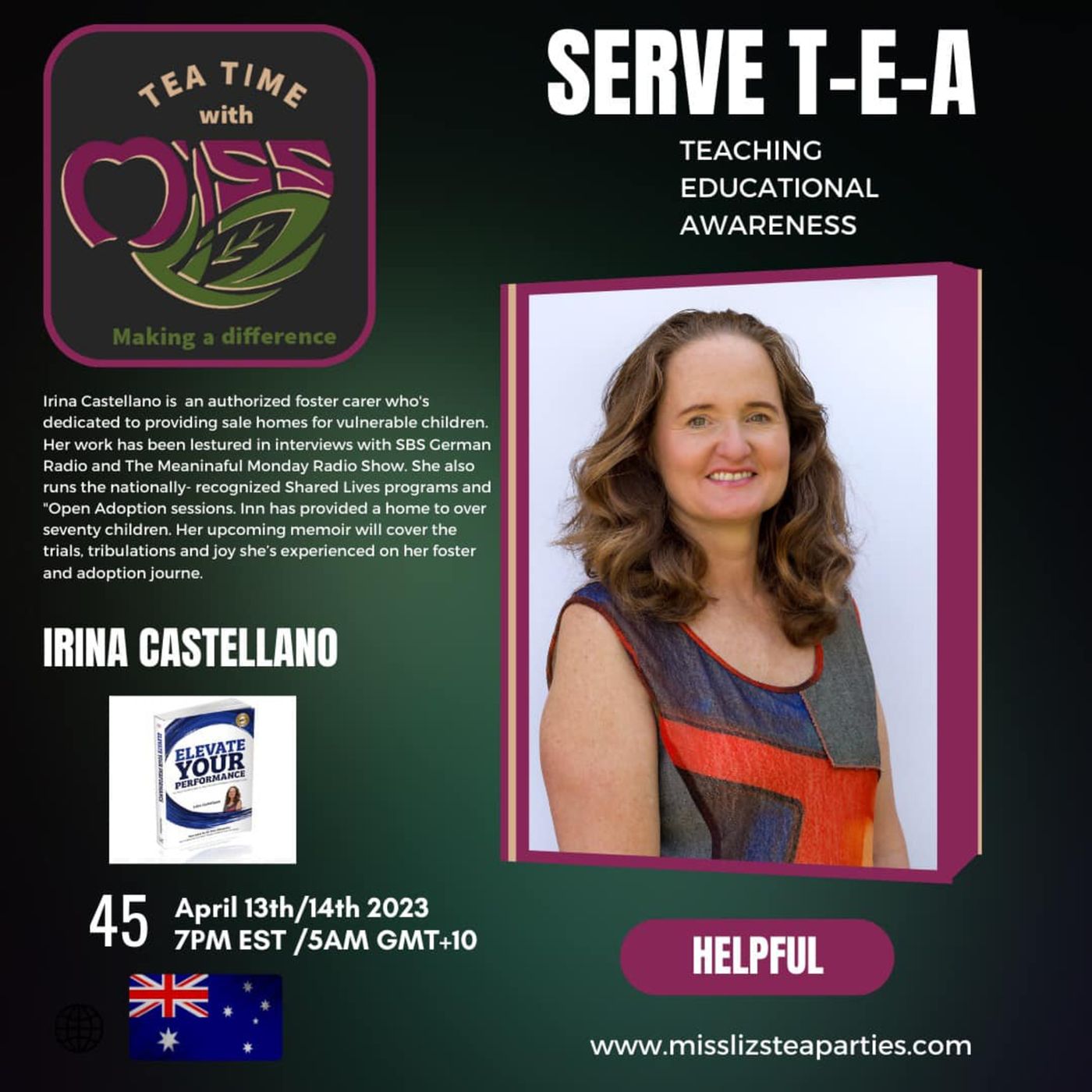 Teatime with Miss Liz T-E-A Open Discussion with Irina Castellano Foster Caregiver (Australia) episode artwork