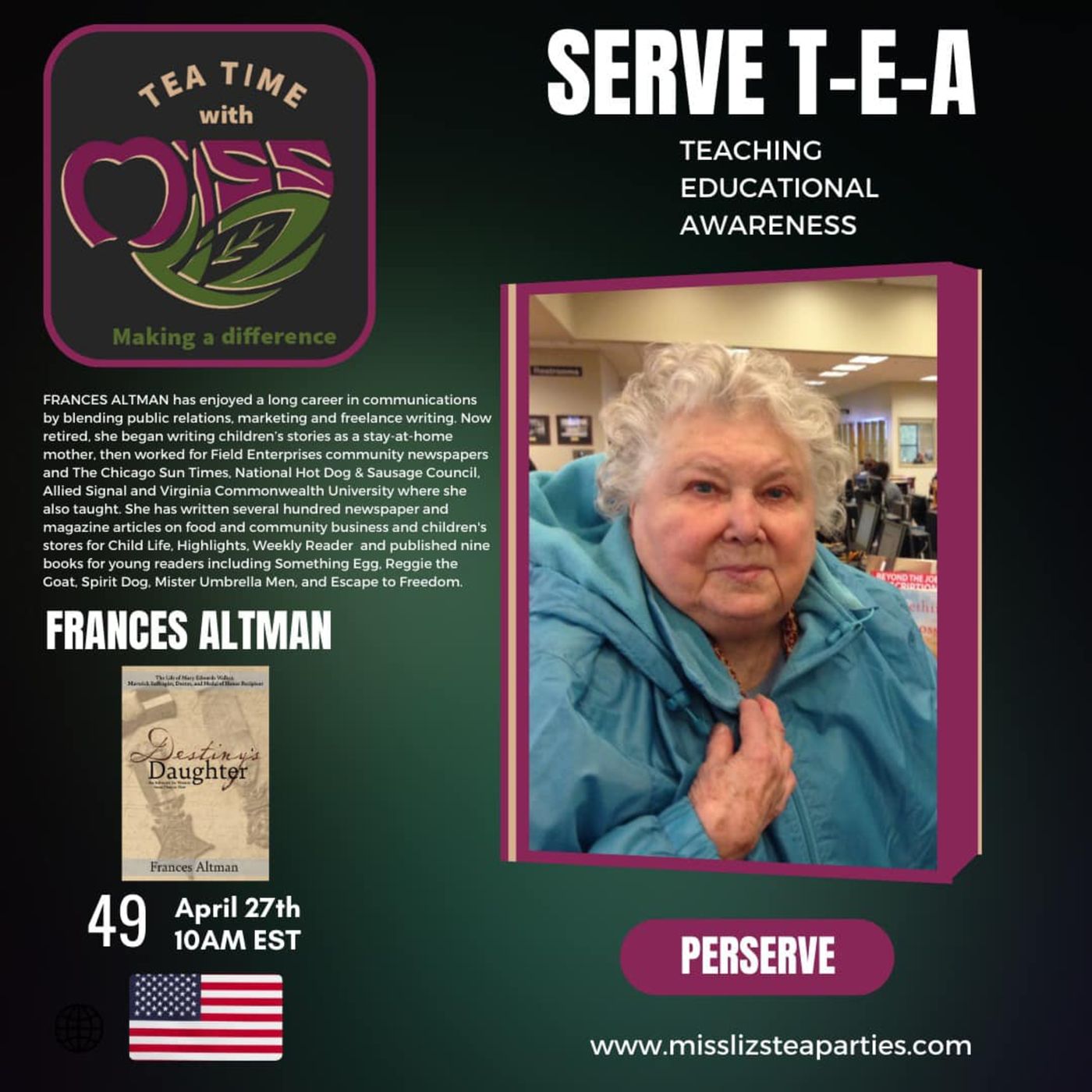 Teatime with Miss Liz T-E-A Open Discussion with Frances Altman Author of Destiny’s Daughter episode artwork