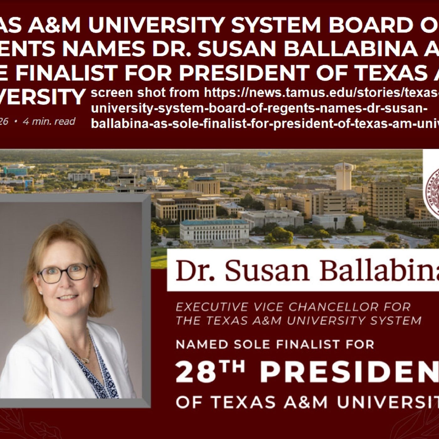 Reaction comes quickly to Susan Ballabina being named sole finalists for the Texas A&M president's position episode artwork