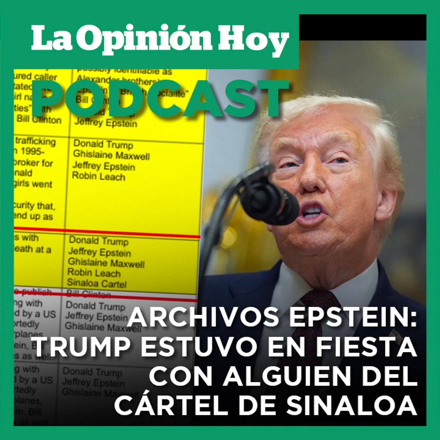 Trump estuvo en fiesta con alguien del Cártel de Sinaloa y Robin Leach, según archivos Epstein.