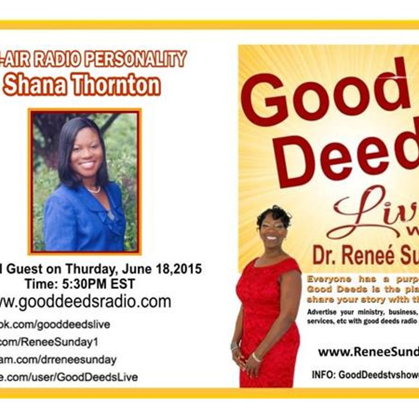 On - Air Radio Personality Shana Thornton return to Good Deeds  Dr. Renee Sunday episode artwork