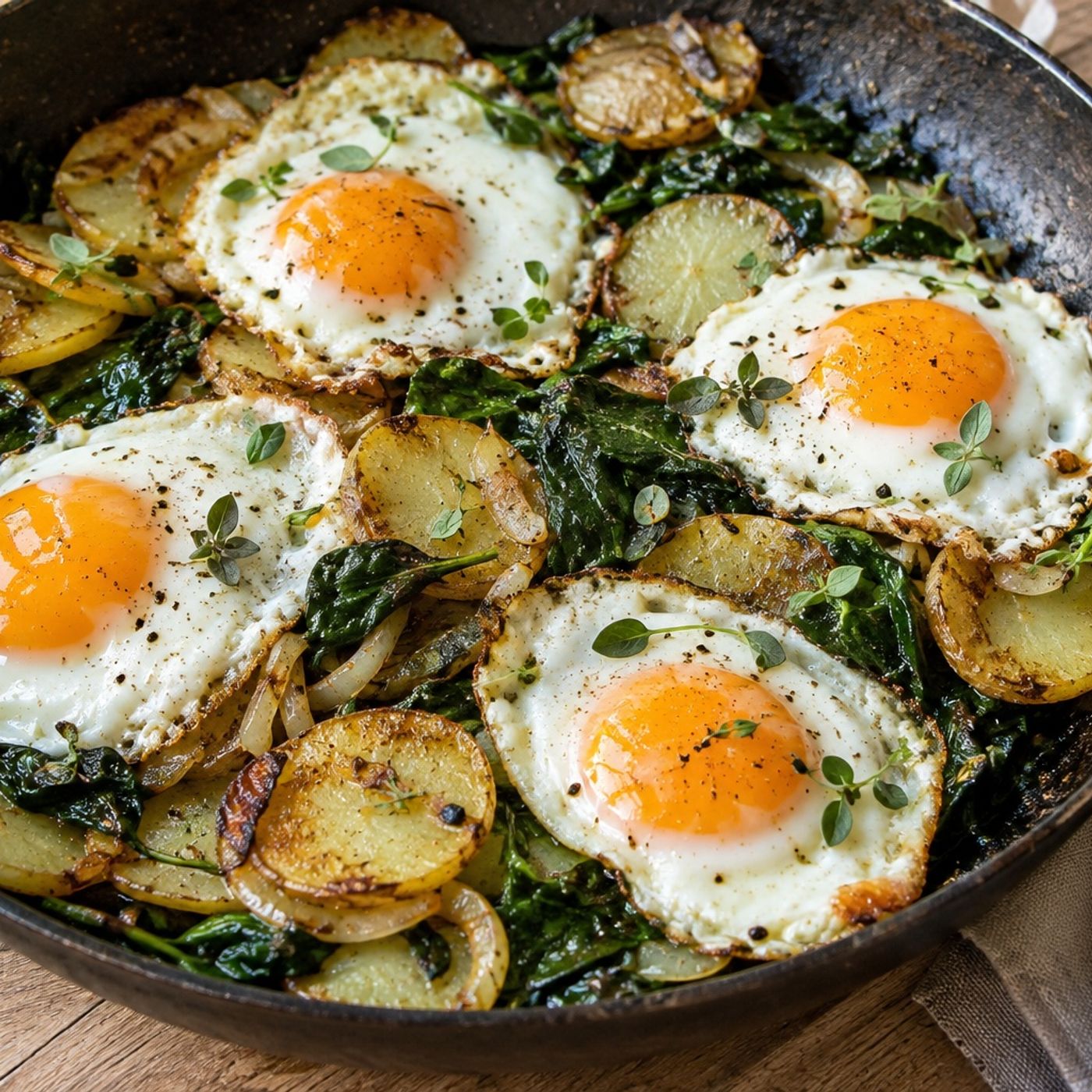 Patate, spinaci e uova in padella: la cena contadina semplice e gustosa