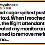 My blood sugar monitor warned _dangerously high._ The flight attendant took it during takeoff.