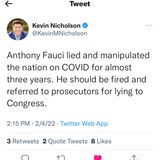 Clean Version: Kevin Nicholson says Dr Fauci should go before Prosecutors for Lying to Congress.