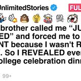 Stepbrother called me _just adopted__ so I exposed him at dinner.