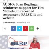 Joan Beglinger reinforces support for Tim Michels, in recorded response to FALSE lit and website