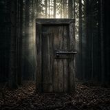 Latch snaps on a forest door — Brothers Grimm rebooted