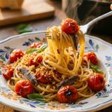 Spaghetti con pomodorini scoppiati, acciughe e pangrattato croccante