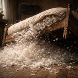 Feather bed bursts open