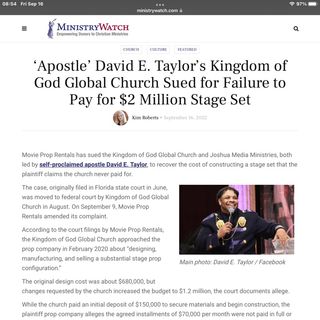 Another day another lawsuit & bankruptcy for Apostle David E. Taylor