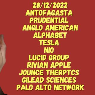 28/12/2022  ANTOFAGASTA  PRUDENTIAL  ANGLO AMERICAN ALPHABET TESLA  NIO  LUCID GROUP  RIVIAN APPLE  JOUNCE THERPTCS  GILEAD SCIENCES  PALO