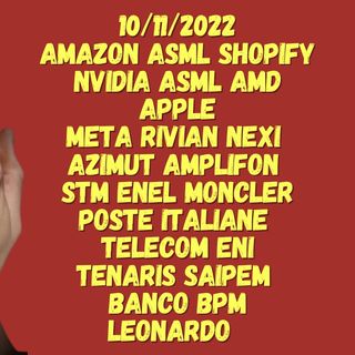 10/11/2022  AMAZON ASML Shopify NVIDIA ASML AMD APPLE META RIVIAN NEXI  AZIMUT AMPLIFON  STM ENEL MONCLER POSTE ITALIANE  TELECOM ENI TENAR
