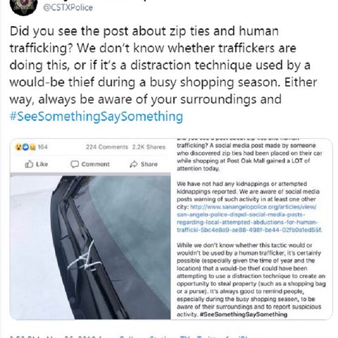 College Station police tweet about zipties attached to vehicles gains attention