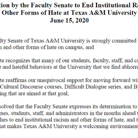 Texas A&M Faculty Senate Adopts Resolution "To End Institutional Racism and Other Forms of Hate at Texas A&M University"