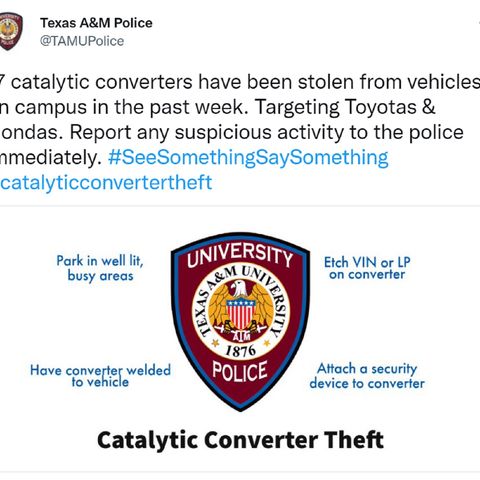 Texas A&M police receive 17 reports of stolen catalytic converters in a week