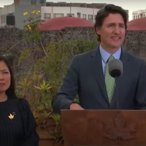 Justin Trudeau speaking to Press from Mexico City