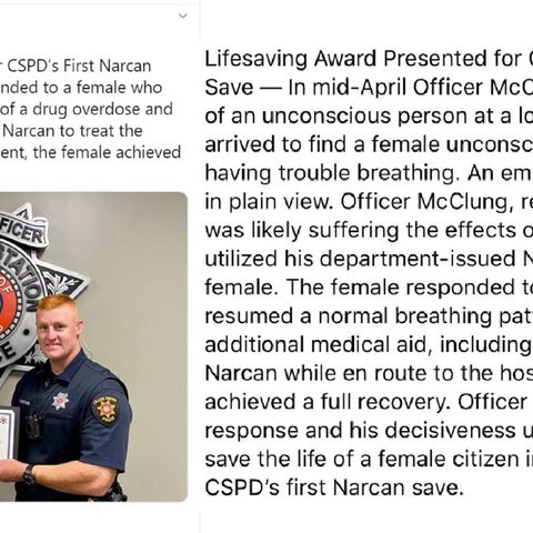 College Station police recognize officer using Narcan mist to save a woman from a drug overdose