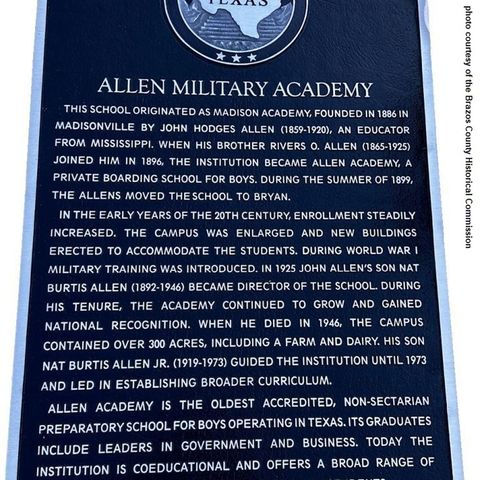 Brazos County Historical Commission to dedicate a state marker at the site of Allen Military Academy