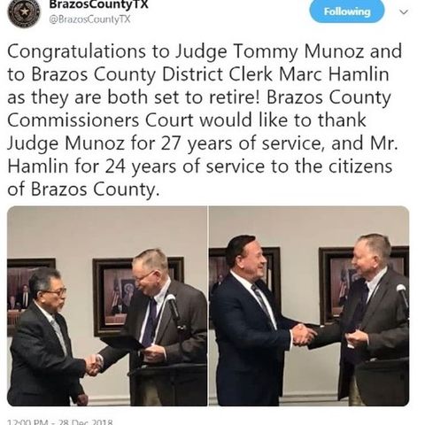 Brazos County commissioners honor departing District Clerk and Precinct 2 Justice of the Peace